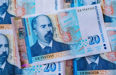 Bulgaristan para birimi Bgn banknot, 20 leva, makro. Stefan Stambolov, siyasetçi, gazeteci ve ihtilâlci bir portre tasvir.