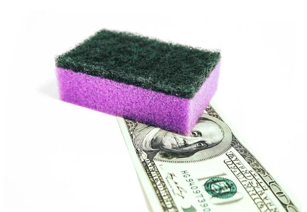 Money wash laundry, corruption concept. American dollars cleaning with washing sponge