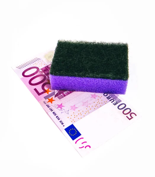 Dirty money wash laundry, corruption concept. Euro money cleaning with washing sponge.