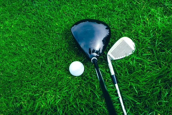 Golf Sticks Ball Green Grass Background Macro View Luxury Sport — Stock Photo, Image