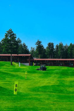 Yeşil ders alan Golf araç, lüks spor oynamak oyun yaşam tarzı kavramı.