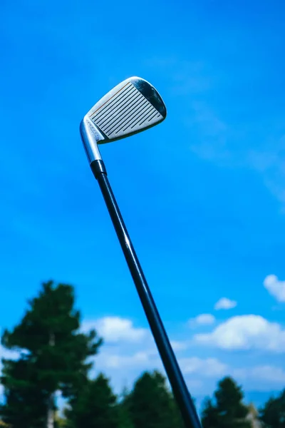 Golfschläger Auf Blauem Himmel Und Kiefern Hintergrund Nahsicht — Stockfoto