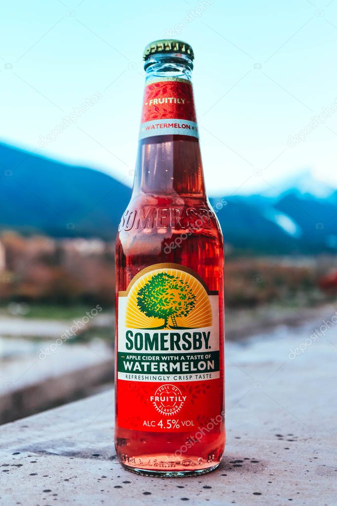 Bulgaria, Bansko - April 17, 2018: A bottle of Somersby cider, product of brewing company Carlsberg Group.