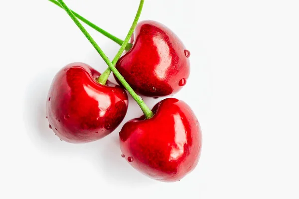 Colorful Three Delicious Cherries Isolated Background Water Drops Top View — Stock Photo, Image