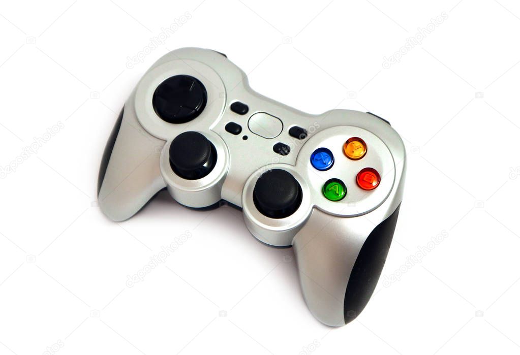 A wireless video game controller, joystick, isolated on white background.