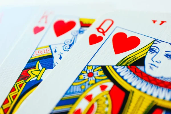 Playing cards macro, poker game winning concept. Casino fortune cards game of chance, close up.