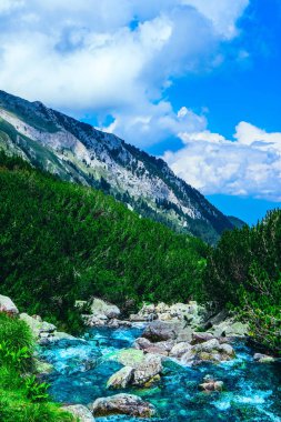 Yüksek dağlarda inanılmaz dağ gölü. Güzel buz dağ, nehir, cennet manzara, hiking yaz.