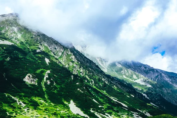 Mooie Alpine Hooggebergte Piek Bewolkt Mistig Verbazingwekkende Landschap Van Groene — Stockfoto