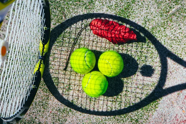 Тінь Ракетки Тлі Тенісного Корту Три Зелених Тенісних Ячі Червоний — стокове фото