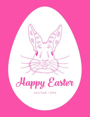 Pembe bir arka planda beyaz yumurta ile sevimli bir tavşan gösteren vektör düzenlenebilir renkli görüntü. Güzel bir Easter bunny el çizilmiş kroki. Metin mutlu paskalya tebrik.