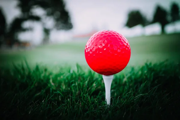 Roter Golfball Einem Abschlag Auf Einem Hohen Grünen Rasenplatz Vignettenrahmen — Stockfoto