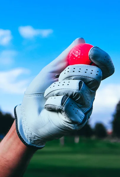 Hand Golfare Handske Som Håller Röd Boll Träd Berg Golfbanor — Stockfoto