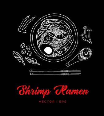 Elle çizilmiş vektör karides Ramen kroki, mantar, yumurta, soya peyniri ve ıspanak yapılmış. Asya Deniz ürünleri gıda oryantal kaşık, basit çizim için menü dekorasyon ile.