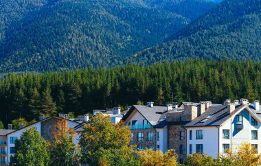 Bir ormandaki soyut modern dağ otel. Alp Köyü, yeşil tepeler.