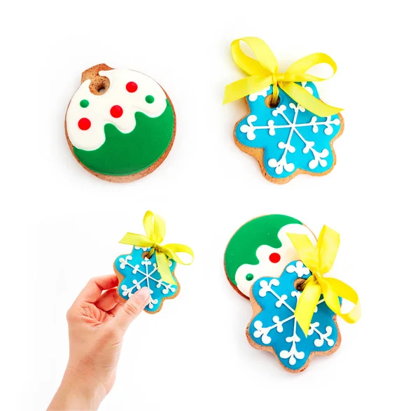 Female Hands Holding Homemade Gingerbread Christmas Cookies Shape Ball Star — Stock Photo, Image