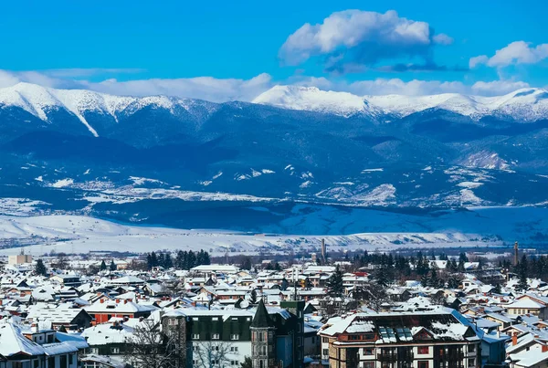 Sneeuw Bergtop Alpine Dorp Huizen Europa Oude Stad Winter Ijs — Stockfoto