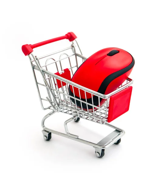 Red Computer Wireless Mouse Shopping Trolley Isolated White — Stock Photo, Image