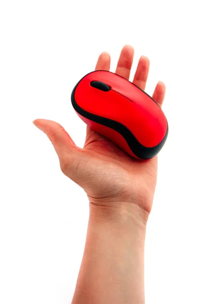 白い背景に隔離された赤い無線コンピュータのマウスを保持する手 ロイヤリティフリーのストック写真