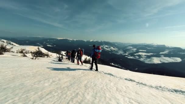 観光客のグループは、雪をかぶった山々 を通過します。 — ストック動画