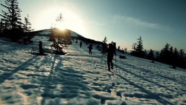 Un grupo de turistas viaja a través de las montañas nevadas — Vídeos de Stock