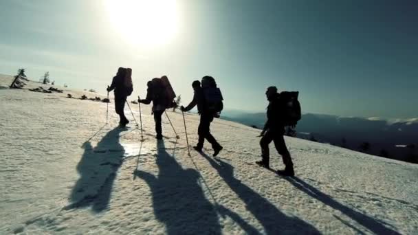 Um grupo de turistas viaja pelas montanhas cobertas de neve — Vídeo de Stock