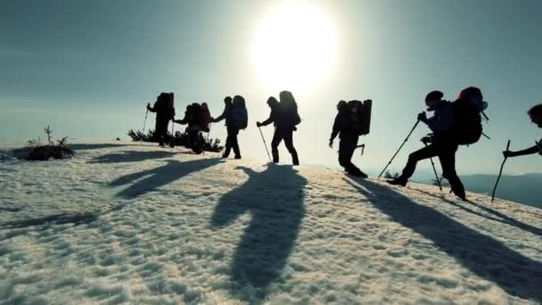 Μια ομάδα τουριστών ταξιδεύει μέσα από τα χιονισμένα βουνά — Αρχείο Βίντεο