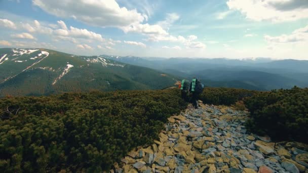 En grupp turister vandrar i bergen — Stockvideo