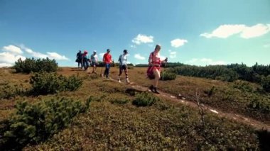 Bir grup turist dağlarda yürüyor