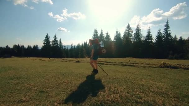 Feliz viajero chica está corriendo en un claro en las montañas — Vídeos de Stock