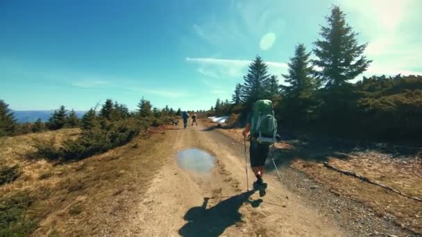 Путешественники ходят по горной дороге на фоне гор — стоковое видео