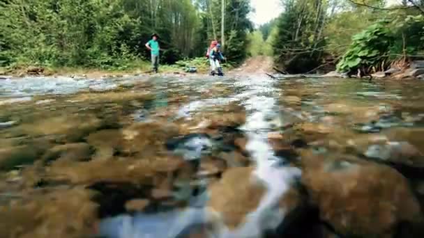 Een groep van reizigers steken de rivier in het bos — Stockvideo