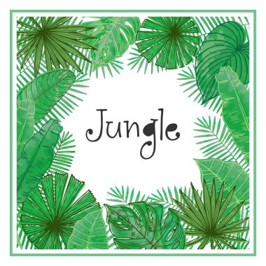 Tropikal yaprakları ile vektör çerçeve. Kartı, davet, afiş, poster, afiş, kapak için evrensel tasarım.