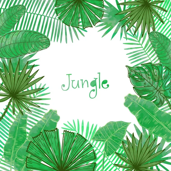Tropikal yaprakları ile vektör çerçeve. Kartı, davet, afiş, poster, afiş, kapak için evrensel tasarım.