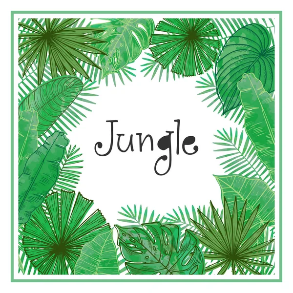 Tropikal yaprakları ile vektör çerçeve. Kartı, davet, afiş, poster, afiş, kapak için evrensel tasarım.