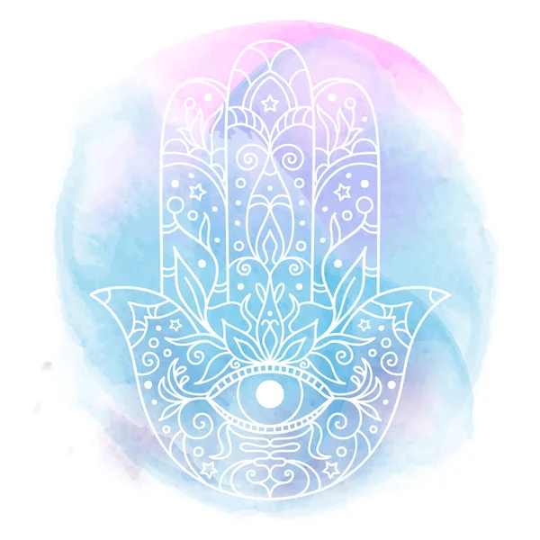 Hamsa sobre un fondo de acuarela abstracto . — Vector de stock