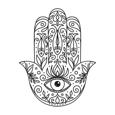 Vektör çizimi. Hamsa 'lı siyah beyaz renk