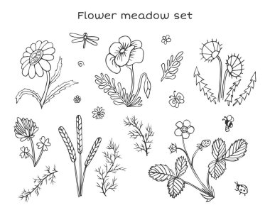 Vektör çiçekleri ayarlanır. Sevimli çiçekler ve böcekler ile naif çocuksu illüstrasyon.