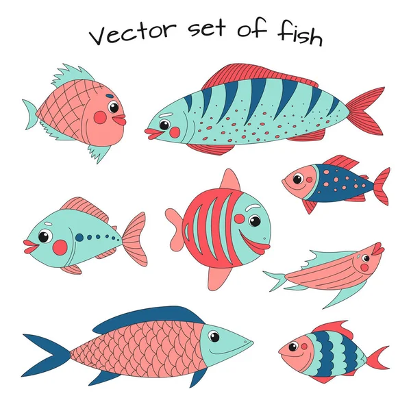 Leuke vis vector collectie in platte cartoon stijl — Stockvector