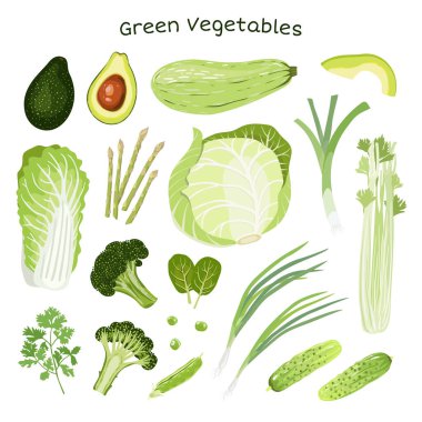 Set of green vegetables isolated on white background. clipart