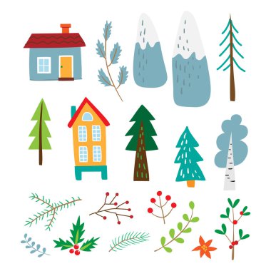 Kutlama tasarımı için hazır. Sevimli çocuksu Noel çizimi.