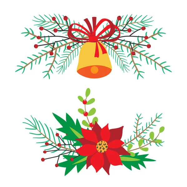 Ilustración vectorial con diseños florales navideños con ramas de abeto, acebo, poinsettia y bayas — Archivo Imágenes Vectoriales