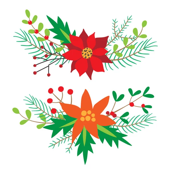 Vector illustratie met Kerstmis bloemmotieven met sparren takken, hulst, poinsettia, en bessen — Stockvector