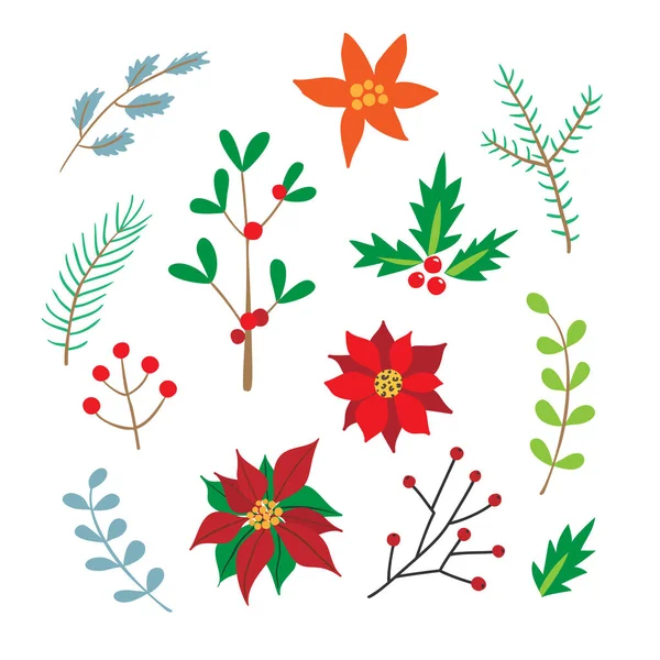 Рождественский набор с еловыми ветвями, падубом, пуансеттией и ягодами. — стоковый вектор