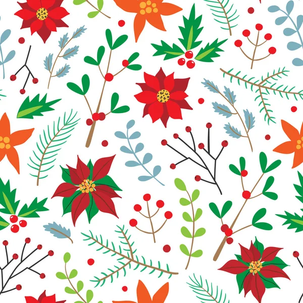 Christmas seamless pattern with eluce branches, holly, poinsettia — стоковый вектор