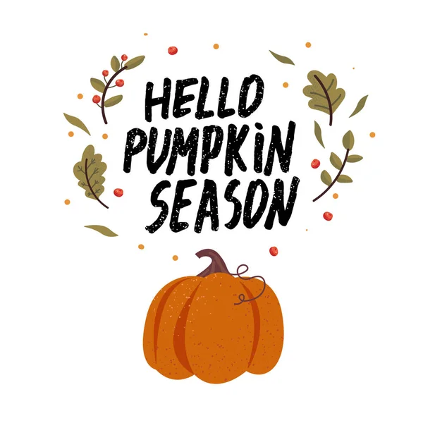 Düşen yapraklar, böğürtlenler, balkabağı ve harflerle vektör sonbahar çelengi. Sonbahar sezonu elementlerinin koleksiyonu. Sonbahar tebrik kartı