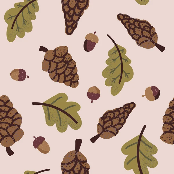Güzel meşe palamudu, koni ve yaprakları olan dikişsiz sonbahar şablonu. Kumaş ve ambalaj kağıdı için el çizimi. Sonbahar mevsimi için doğal elementlerle tekrarlanan doku.