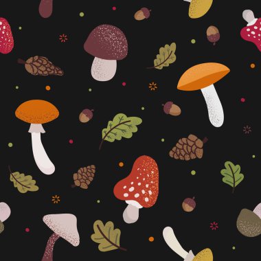 Tatlı mantarlar, meşe palamutları, koniler ve yapraklarla sonbaharda vektörsüz desen. Kumaş ve ambalaj kağıdı için el çizimi. Sonbahar mevsimi için doğal elementlerle tekrarlanan doku.