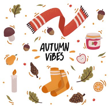 Palamutlu, kozalaklı, düşen yapraklı ve harfli sonbahar ikonları. Sonbahar sezonu elementlerinin koleksiyonu. Sonbahar tebrik kartı