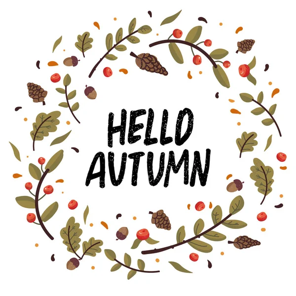 Düşen yapraklar, kozalaklar, meşe palamutları ve harflerle vektör sonbahar çelengi. Sonbahar sezonu elementlerinin koleksiyonu. Sonbahar tebrik kartı