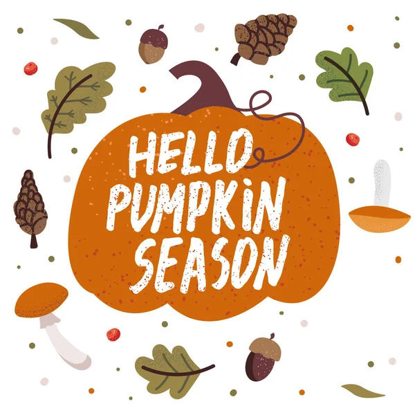 Balkabağı, meşe palamudu, kozalak, düşen yapraklar, mantar ve harf içeren sonbahar ikonları. Sonbahar sezonu elementlerinin koleksiyonu. Sonbahar tebrik kartı